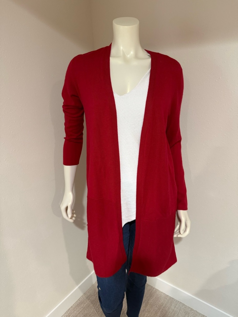 Talbots Open-Front Red Longline Cardigan